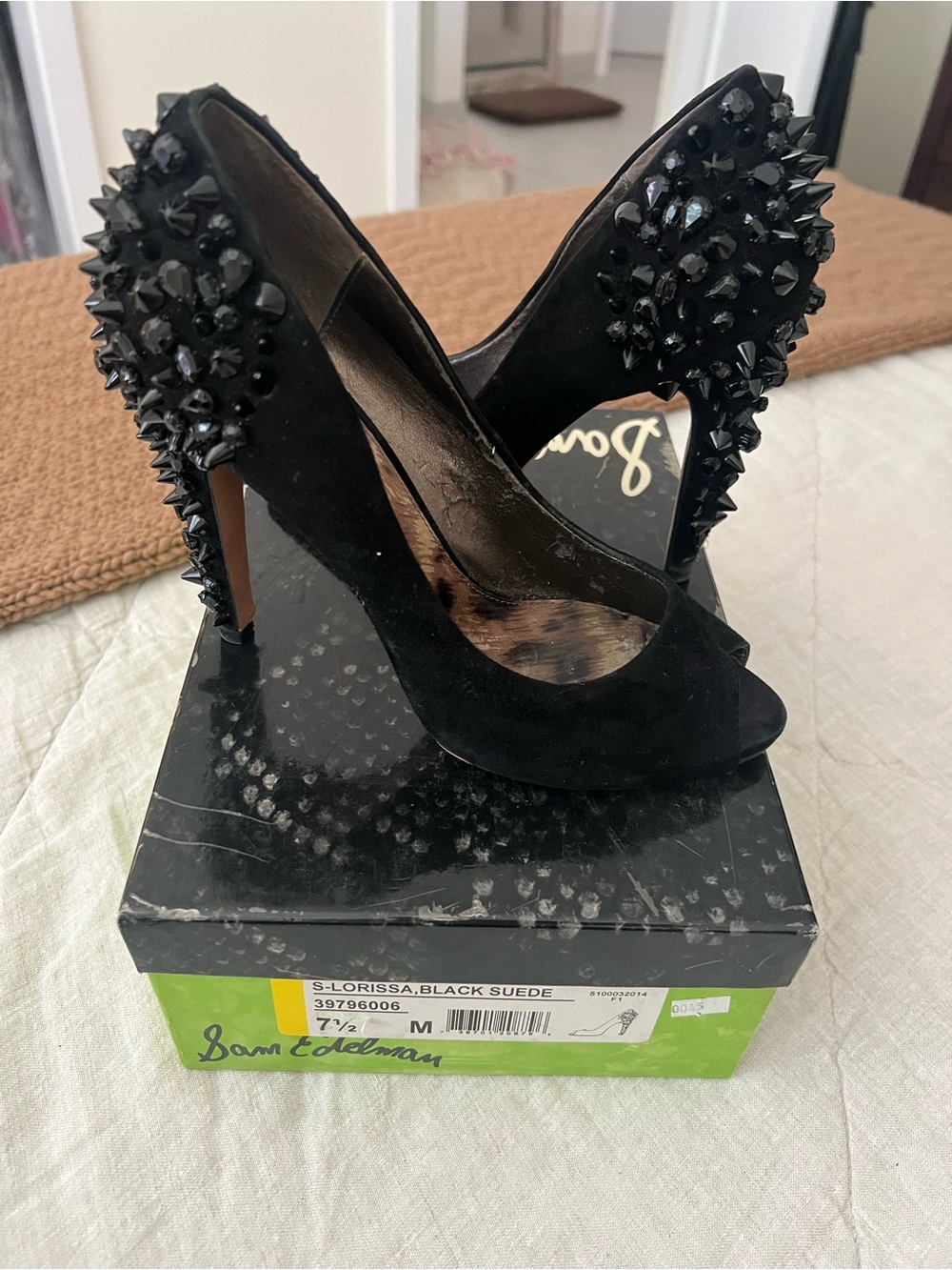 Sam Edelman Black Suede Peep-Toe Heels with Studded Back